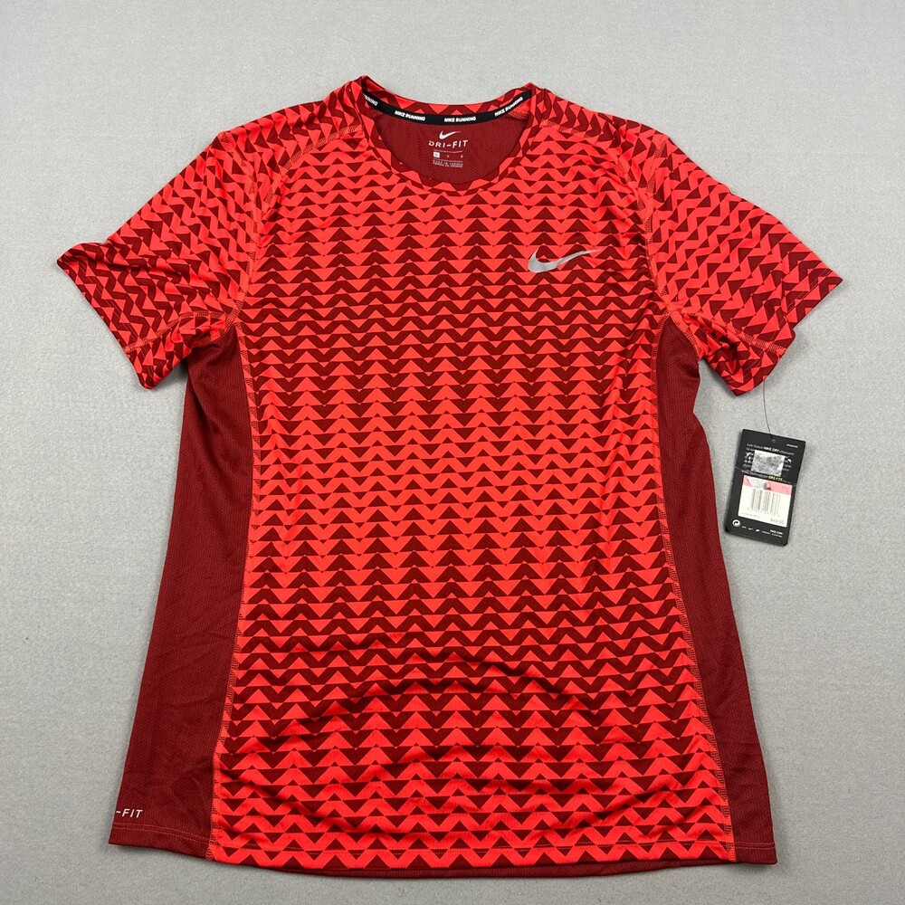 Nike Shirt Men Large Red Geometric Short Sleeve Performance Running Dri Fit L